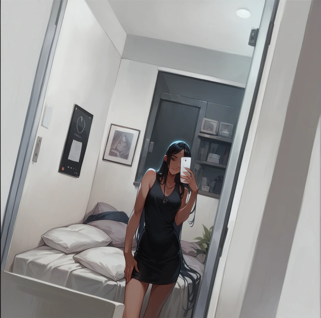 ((best quality)), ((masterpiece)), (detailed), 1girl, completely nude medium size slightly sagging breasts with perky hard nipples 8K quality, naked with a trimmed hair on pussy looking at camera with a seductive smile wearing only black fish that stockings and red high heels, seductive looking bright blue eyes, jet black hair, Russian, long beautiful legs, happily smiling yet alluring and seductive, view of full body, full body head to toe. Bedroom setting standing next to mattress, medium lighting, 