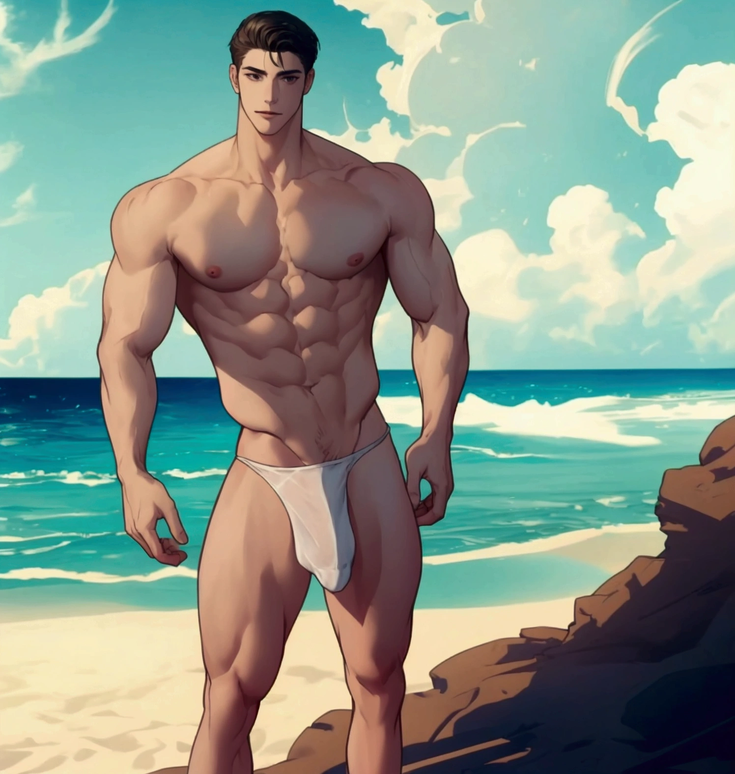 sexy guy, full body view, shirtless, wearing a thong on the beach, smirking, showing naked legs, tall and slim but musculine body