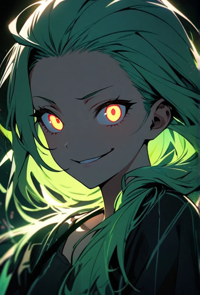 Handsome, solo, 1 girl, light green hair, cyan eyes, 1 girl, beautiful, long hair, detailed, Hair Slicked Back, Messy Hair, Hair Over Shoulder, Glowing Light, Bright Pupils, Smirk, Wide-Eyed, Evil Smile, Amber Eyes,