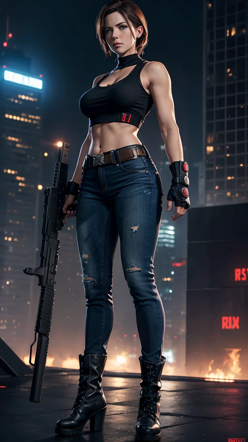 ((Full body photo, standing, feet on the ground)) (best quality, 4k, 8k, high resolution, masterpiece: 1,2), ultra-detailed, fishnet tights, (realistic, photorealistic, photorealistic: 1, 37), full body photo, Rogue, X-Men, yellow high boots, beauty pose, standing, show feet, outside, city roof at night, red, black and white uniform
 4k, Concept Art, Jill Valentine, blue tank top, visible nipple, tight blue jeans, with rifle, shooting thanos, on destroyed Earth, medium breast, boot, bokeh background