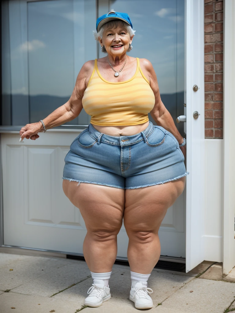 Beautiful seventy year old lady wearing short denim shorts
