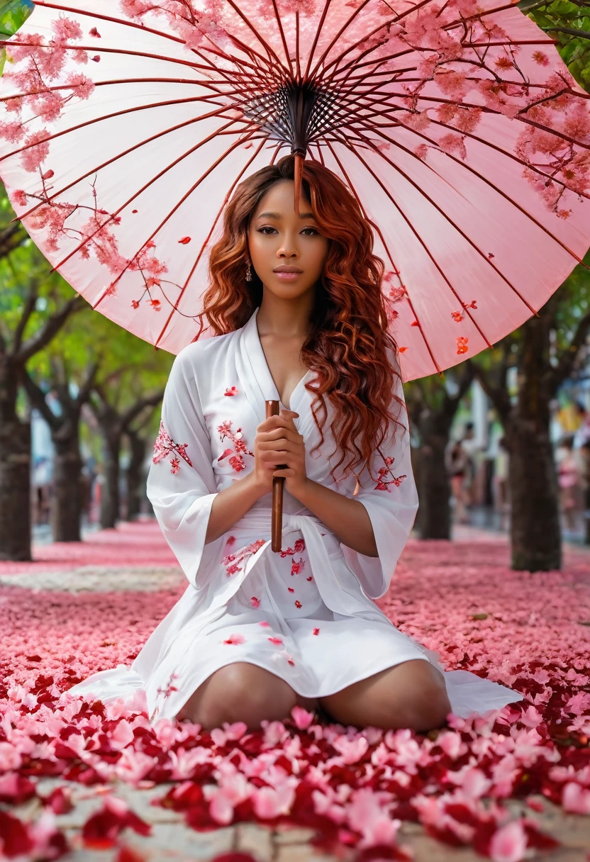 Black girl, Sakura petals that fall from a sakura tree , Asian umbrella, A beautiful caribean mixed girl, west indies girl, perfect hands and feet, long red wavy hair, Sakura petals, Amawed, best quality,8k,highres,masterpiece:1.2),ultra-detailed,(realistic,photorealistic:1.37),portrait,vivid colors,