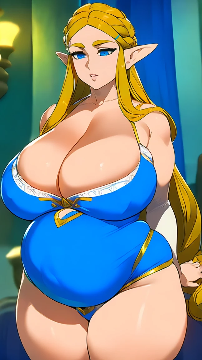 ((masterpiece)), ((best quality)), (detailed), perfect, solo, zelda, gorgeous woman, luscious lips, long hair, ginormous breast, deep cleavage, ginormous breasts, sexy, humongous ass, extremely pregnant, extremely chubby, extremely fat
