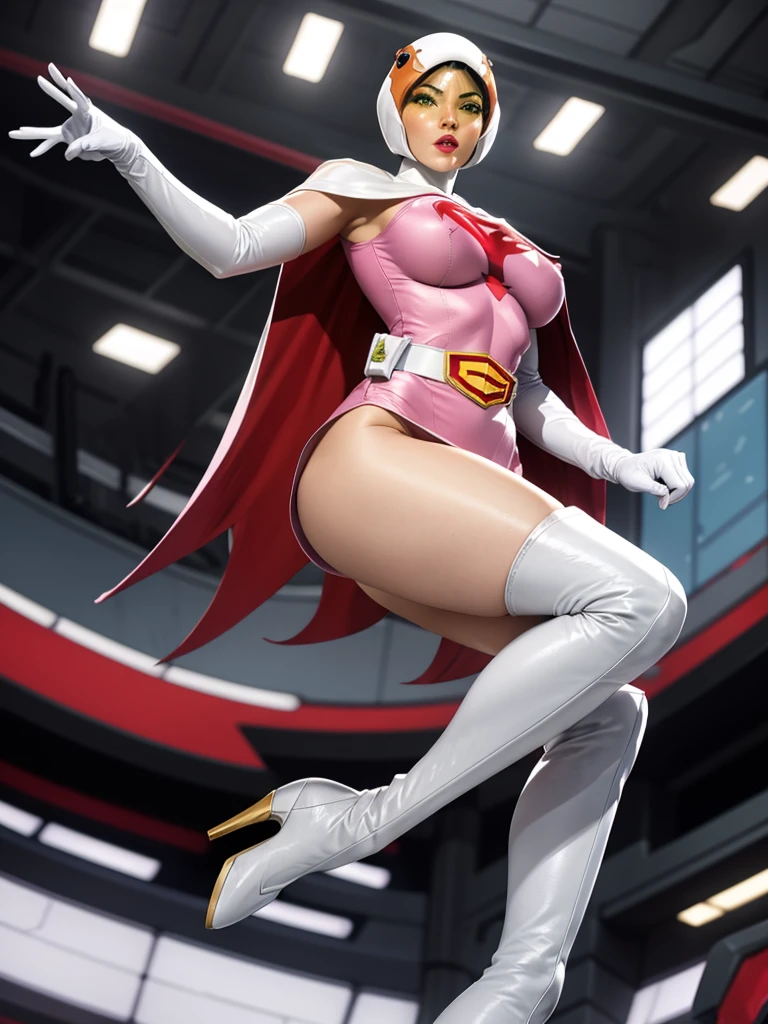 ANI_CLASSIC_jun_gatchaman_ownwaifu,1girl, ,good anatomy, masterpiece, best quality,realistic, hyperrealistic, 16k hdr, long hair,breasts,green eyes,lips,large breasts,lipstick,makeup,gloves,cape,helmet,belt,elbow gloves,white gloves,mask,ultra miniskirt,leotard,spacesuit,white tight overknee highheels boots,pink dress,superhero,bodysuit,cleavage,erected nipples,(sexy pose,from below:1.2),(spread legs:1.1),cameltoe