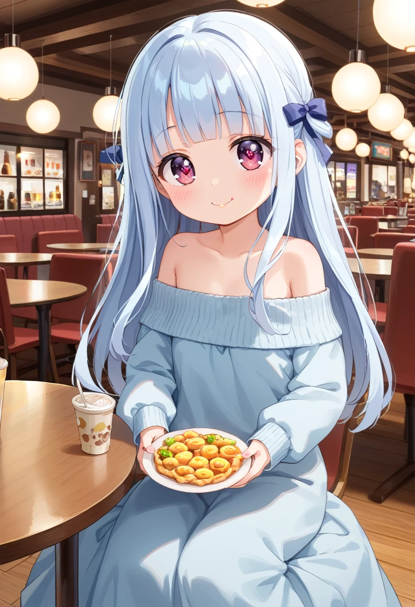 masterpiece, best quality, extremely detailed, (illustration, official art:1.1), 1 girl ,(((( light blue long hair)))), ,(((( light blue long hair)))),light blue hair , , long hair ((blush)) , cute face, big eyes, masterpiece, best quality,(((((a very delicate and beautiful girl))))),Amazing,beautiful detailed eyes,blunt bangs(((( little delicate girl)))),tareme(true beautiful:1.2), sense of depth,dynamic angle,,,, affectionate smile, (true beautiful:1.2),,(tiny 1girl model:1.2),)(flat chest) ,masterpiece, absurdres, best quality, ultra detailed, high Resolution, detailed illustration, extremely beautiful detailed face and eyes, bright colour, 1girl, (), cute face, Delicate beautiful face, magenta eyes, cute eyes, sparkling eyes, big eyes,smile, BREAK,BREAK off shoulder sweater, long skirt, tiny ribbon, restaurant, eating Nut tart, almond, real world, natural lights, perfect lighting,