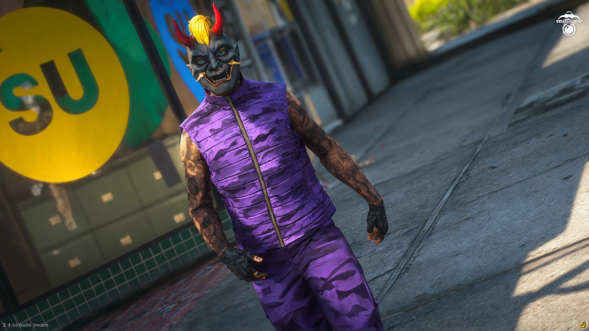 Men wearing purple clothes, devil mask