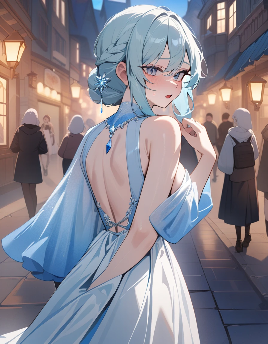 1girl, Elsa,Frozen,disney,dress,street,perfect eyes,masterpiece,very aesthetic,newest,sensitive