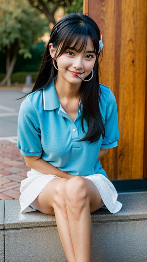 ((best quality)), ((masterpiece)), (details), one girl, sexy ((best quality)), ((masterpiece)), (details), one girl, sexy ((best quality)), ((masterpiece)), (details), one girl, full body, sexy expensive body, expensive, long legs, mature woman, mature, adult, it_nagatoro_main, Hayase Nagatoro, one girl, blushing, alone, uniform polo shirt, short sleeves, black hair,brown eyes, hair accessory, looking at viewer, hair clip, smiling, long hair, dark skinned woman, dark skin, , bangs, daytime, skirt, collared shirt, collarbone, ear clip, mouth closed, tree, asymmetrical bangs, upper body