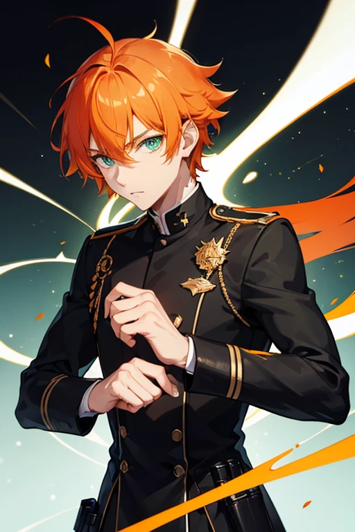 man with orange hair with green eyes and black uniform
