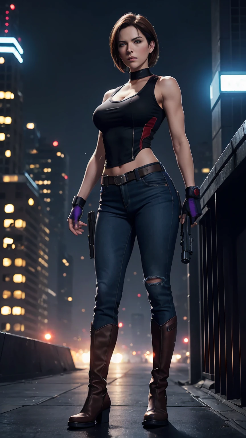 ((Full body photo, standing, feet on the ground)) (best quality, 4k, 8k, high resolution, masterpiece: 1,2), ultra-detailed, fishnet tights, (realistic, photorealistic, photorealistic: 1, 37), full body photo, Rogue, X-Men, yellow high boots, beauty pose, standing, show feet, outside, city roof at night, red, black and white uniform
4k, Concept Art, Jill Valentine, blue tank top, visible nipple, tight blue jeans, with rifle, shooting thanos, on destroyed Earth, medium breast, boot, bokeh background