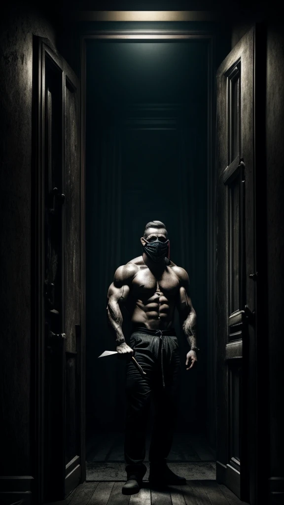 a strong man with defined physique, horror mask, macabre shirtless smile, holding a knife, standing in doorway of room at night, horror movie style illustration, dark moody lighting, dramatic shadows, highly detailed, cinematic, hyper realistic, chiaroscuro lighting, dark subdued colors