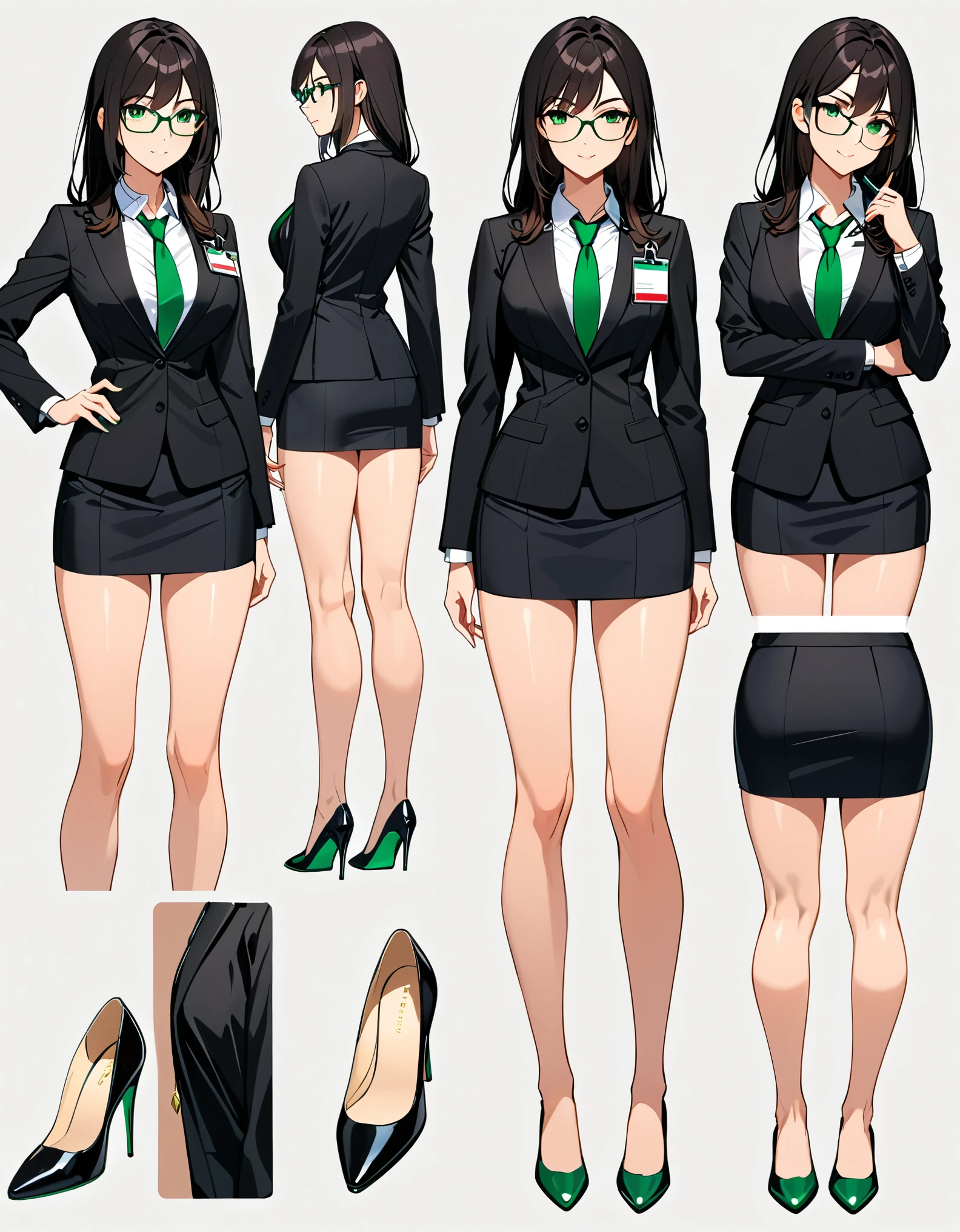 (masterpiece), (best quality), (high res), 1lady, tall body, beautiful detailed eyes, beautiful detailed face, glasses, confident look, perfect hands, complete fingers, perfect anatomy, perfect proportions, ((jet black hair, medium hair, hair down)), ((green eyes)), ((black suit and tie, necktie, reporter's id card necklace)), (white shirt), ((pencil skirt, miniskirt, bare legs)), ((shoes, matching shoes, high heels)), breasts, medium breasts, (full body portrait), looking at viewer, solo, solo focus, full body costume design. Simple background, Multiple Views, Character Sheet Full-Length.