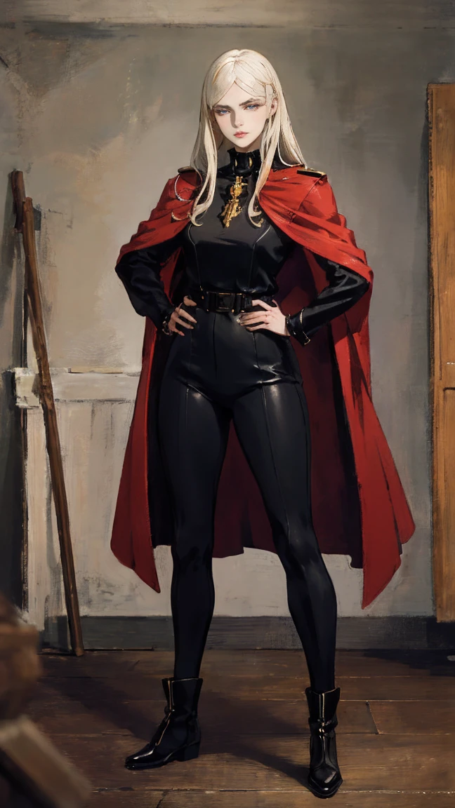 ((Full body photo, standing, feet on the floor)) A woman with long platinum blonde hair, choppy bangs, arched crescent eyebrows, sharp and determined eyes, a delicate oval face, a serious expression, a fantasy-style dark green military coat, draped with a dark red cloak, military trousers, leather combat boots, silver greaves leggings, one hand on her hip, standing in a spacious training ground, this character embodies a finely crafted fantasy-style female military officer in anime style, exquisite and mature manga art style, pale skin, high definition, best quality, highres, ultra-detailed, ultra-fine painting, extremely delicate, professional, perfect body proportions, golden ratio, anatomically correct, symmetrical face, extremely detailed eyes and face, high quality eyes, creativity, RAW photo, UHD, 32k, Natural light, cinematic lighting, masterpiece-anatomy-perfect, masterpiece:1.5