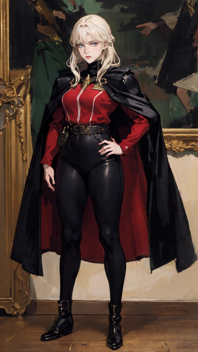 ((Full body photo, standing, feet on the floor)) A woman with long platinum blonde hair, choppy bangs, arched crescent eyebrows, sharp and determined eyes, a delicate oval face, a serious expression, a fantasy-style dark green military coat, draped with a dark red cloak, military trousers, leather combat boots, silver greaves leggings, one hand on her hip, standing in a spacious training ground, this character embodies a finely crafted fantasy-style female military officer in anime style, exquisite and mature manga art style, pale skin, high definition, best quality, highres, ultra-detailed, ultra-fine painting, extremely delicate, professional, perfect body proportions, golden ratio, anatomically correct, symmetrical face, extremely detailed eyes and face, high quality eyes, creativity, RAW photo, UHD, 32k, Natural light, cinematic lighting, masterpiece-anatomy-perfect, masterpiece:1.5