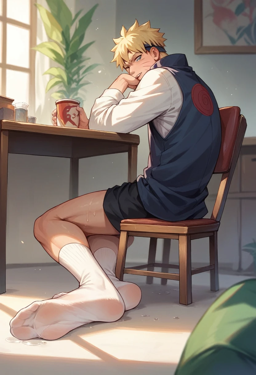 Anime boy Naruto very wet sweaty white socks scrunching his soles under chair showing his feet soles so very close to the camera