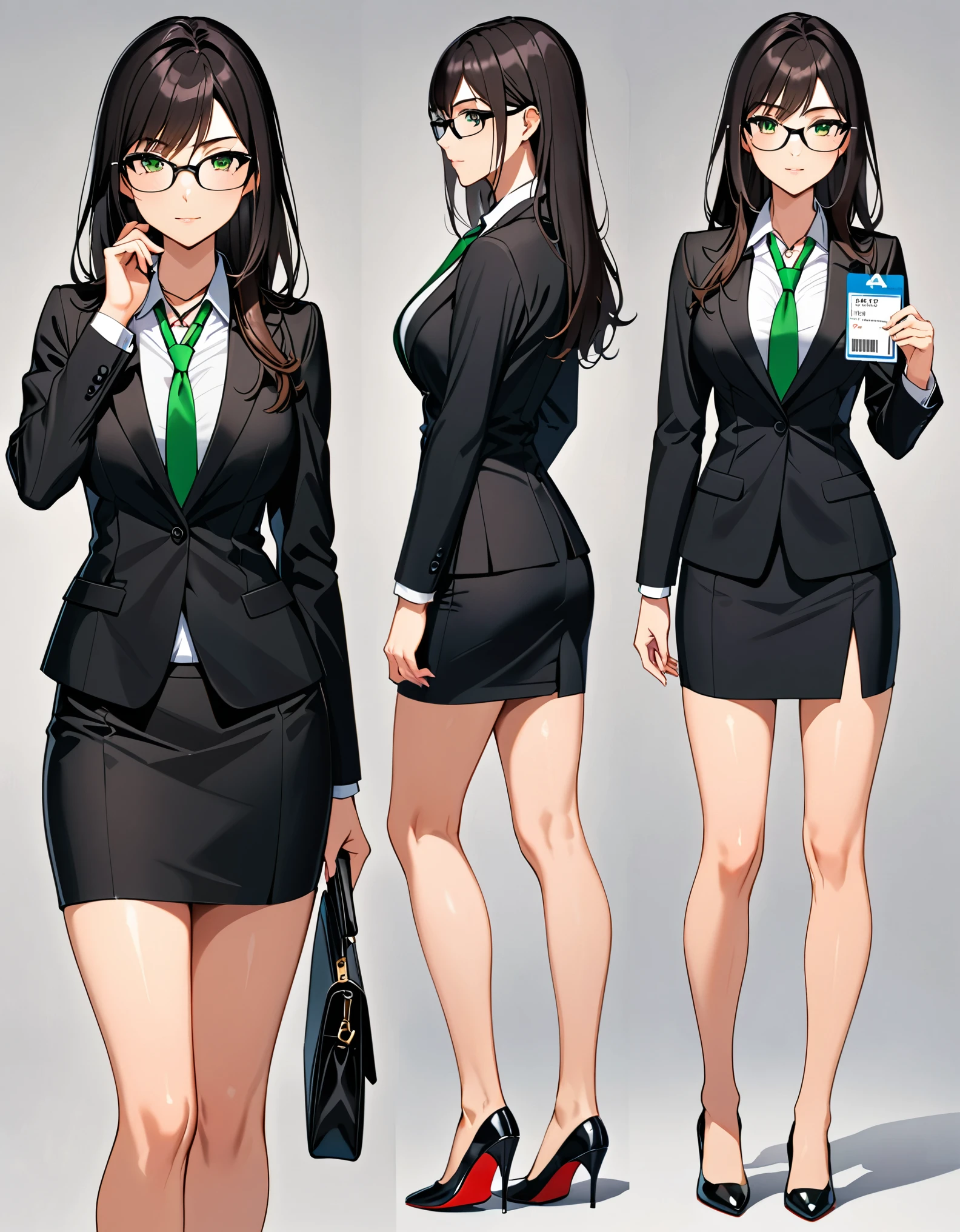 (masterpiece), (best quality), (high res), 1lady, tall body, beautiful detailed eyes, beautiful detailed face, glasses, confident look, perfect hands, complete fingers, perfect anatomy, perfect proportions, ((jet black hair, medium hair, hair down)), ((green eyes)), ((black suit and tie, necktie, reporter's id card necklace)), (white shirt), ((pencil skirt, miniskirt, bare legs)), ((shoes, matching shoes, high heels)), breasts, medium breasts, (full body portrait), looking at viewer, solo, solo focus, full body costume design. Simple background, Multiple Views, Character Sheet Full-Length.