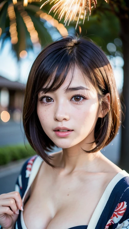 Highest quality, Face Focus, Soft Light, Ultra-high resolution, (Realistic:1.4), RAW Photos,
1 Japanese girl, alone, cute, (pupil, Light in your eyes), Beautiful face in every detail, (Detailed eye resolution),(High resolution detail of human skin texture),
(forehead、bob cut),Tear bags、
Small breasts、((yukata、Fireworks display))、Rukutama、Open your mouth a little、freckles、seductive smile、cleavage 、From below、Low - Angle、Hand touching chin、
(Portraiture)