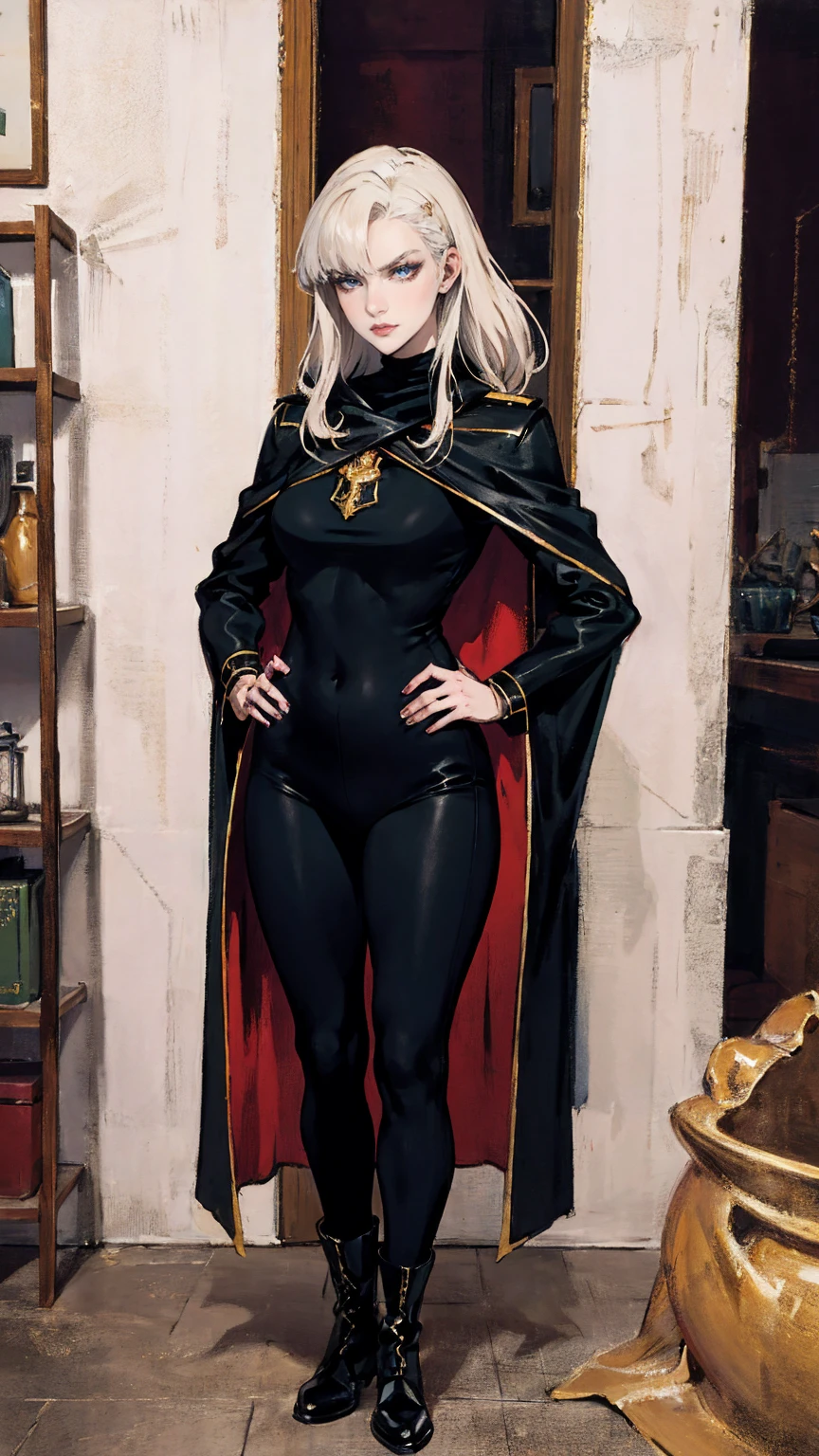 A woman with long platinum blonde hair, choppy bangs, arched crescent eyebrows, sharp and determined eyes, a delicate oval face, a serious expression, a fantasy-style dark green military coat, draped with a dark red cloak, military trousers, leather combat boots, silver greaves leggings, one hand on her hip, standing in a spacious training ground, this character embodies a finely crafted fantasy-style female military officer in anime style, exquisite and mature manga art style, pale skin, high definition, best quality, highres, ultra-detailed, ultra-fine painting, extremely delicate, professional, perfect body proportions, golden ratio, anatomically correct, symmetrical face, extremely detailed eyes and face, high quality eyes, creativity, RAW photo, UHD, 32k, Natural light, cinematic lighting, masterpiece-anatomy-perfect, masterpiece:1.5