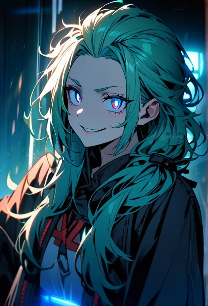 Handsome, solo, 1 girl, light green hair, cyan blue eyes, 1 girl, beautiful, long hair, detailed, Hair Slicked Back, Messy Hair, Hair Over Shoulder, Glowing Light, Bright Pupils, Smirk, Wide-Eyed, Evil Smile, Amber Eyes, 