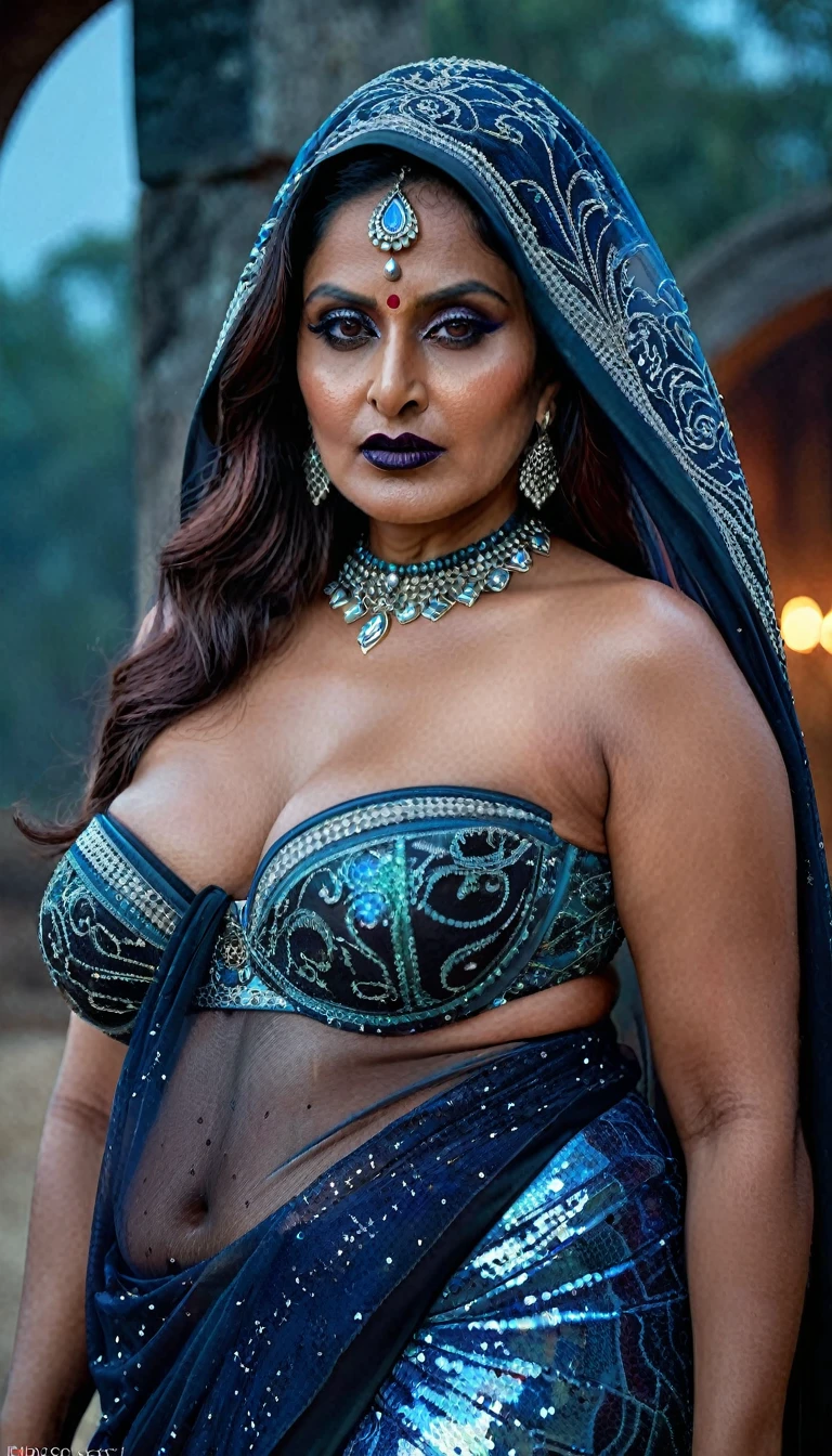 Looks like Roopa Ganguly, full body Closeup shot, Big chubby aunty, milf, cougar lady witch, horny Gothic milf, 80 years old gorgeous mature lady, pervert demoness, demoness of lust, curvy, black lips, horny face, extremely gorgeous, thick figure, heavy physique, voluptuous, curvy, sexy figure, Fashionable portrait of androgynous alien looking witch wearing veil, glowing eyes, futuristic design, minimal details, givenchy, photoreal, 200mm, hd, f/ 2.0, highly detailed, surreal, sexy beautiful evil woman, sexy bold sequin Saree with strapless Bra, chudail, Pishachini, horror genre, blood-thirsty enchantress, powerful female spirit, eerie, drop dead, in the style of red and blue, (intricate details, hyperdetailed:1.15) (skin texture:1.2), dark Moody tone, cinematic lighting, haunted place in background,