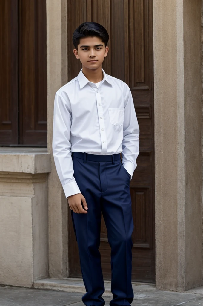10 year old boy, with , (white short sleeve shirt, with navy blue tie, navy blue dress pants, black dress shoes)