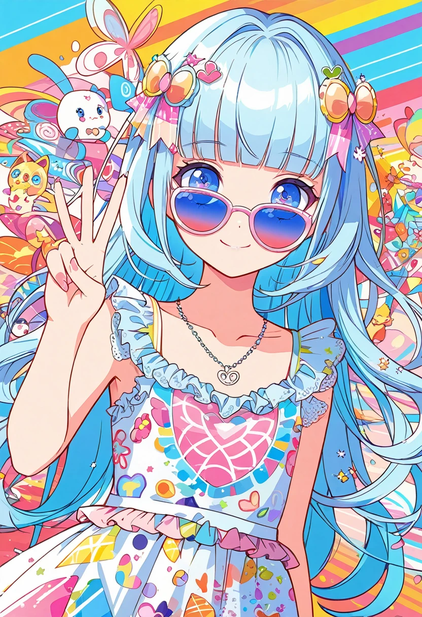 masterpiece, best quality, extremely detailed, (illustration, official art:1.1), 1 girl ,(((( light blue long hair)))), ,(((( light blue long hair)))),light blue hair , , long hair ((blush)) , cute face, big eyes, masterpiece, best quality,(((((a very delicate and beautiful girl))))),Amazing,beautiful detailed eyes,blunt bangs(((( little delicate girl)))),tareme(true beautiful:1.2), sense of depth,dynamic angle,,,, affectionate smile, (true beautiful:1.2),,(tiny 1girl model:1.2),)(flat chest) ,Anime girl wearing sunglasses and a necklace making a peace sign, Anime-style illustrations, Decora style illustrations, Anime atmosphere, Beautiful anime art style, Digital art on pixiv, Anime Graphic Illustration, Colorful illustration, Cute art styleColorful illustration, rossdraws pastel vivid