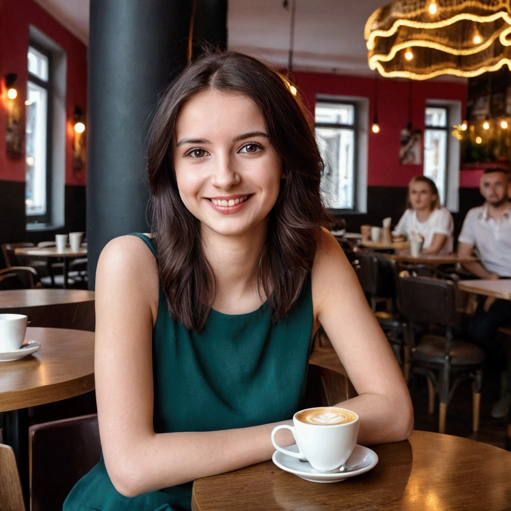 A photo of a 25-year-old Polish girl with shoulder-length dark hair and dark eyes, smiling at the camera, sitting in a trendy café on Nowy Świat Street in Warsaw, holding a cup of coffee, surrounded by elegant interior.