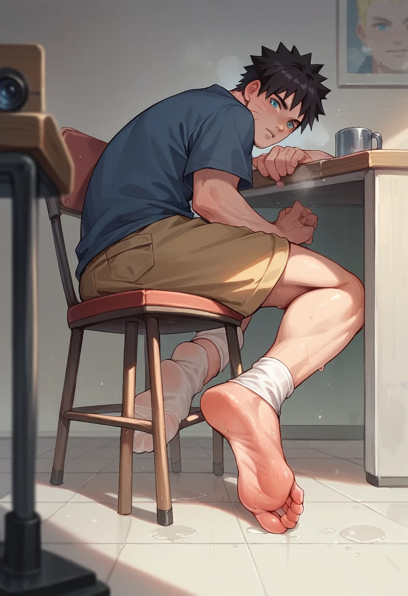 Anime boy Naruto very wet sweaty white socks scrunching his soles under the chair so close to the camera his feet together