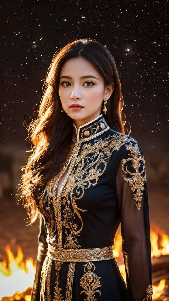 (disorganized, High resolution, super detailed), 1 girl, Constellation - Aries Goddess , alone, mature, baroque, long dress, long sleeve, elegant, colorful, most detailed, Upper body , sunset hair . eyes of fire . Brave, purposeful, productive, The face of an enterprising humanitarian .