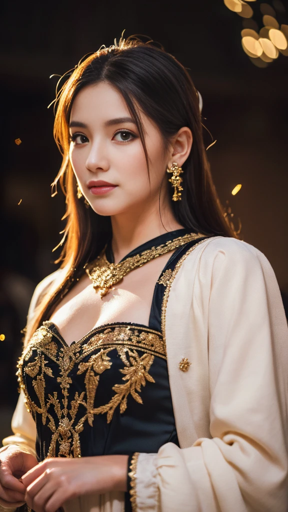 (disorganized, High resolution, super detailed), 1 girl, Constellation - Aries Goddess , alone, mature, baroque, long dress, long sleeve, elegant, colorful, most detailed, Upper body , sunset hair . eyes of fire . Brave, purposeful, productive, The face of an enterprising humanitarian .