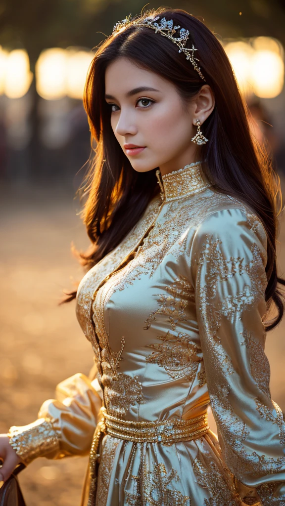 (disorganized, High resolution, super detailed), 1 girl, Constellation - Aries Goddess , alone, mature, baroque, long dress, long sleeve, elegant, colorful, most detailed, Upper body , sunset hair . eyes of fire . Brave, purposeful, productive, The face of an enterprising humanitarian .