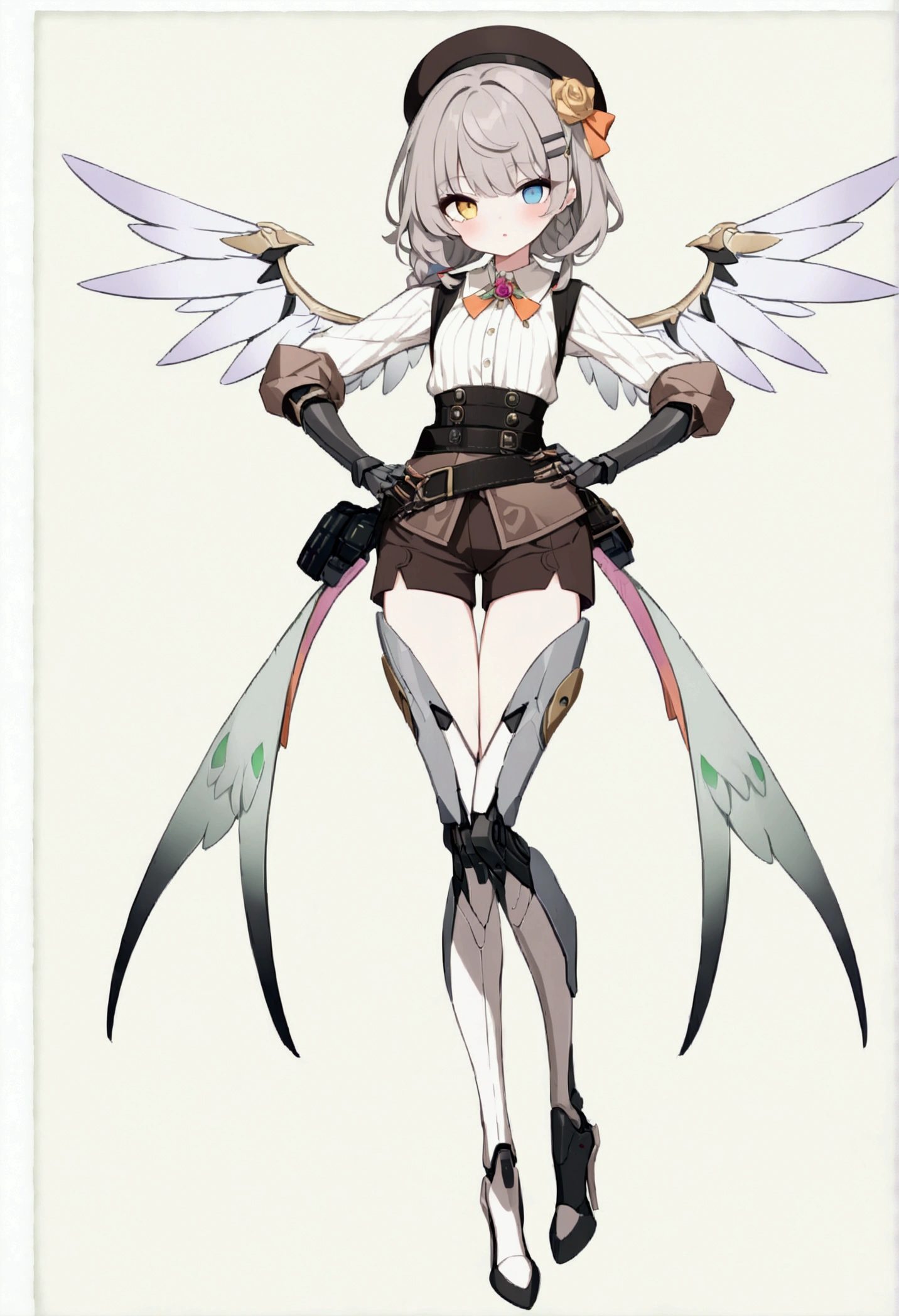 woman 165cm tall, (whole body: 1.5), slim build, , charming look, ((heterocromia: ojo right naranja y ojo izquierdo violeta)), (Shoulder Length Wavy Gray Hair, medium braid on the left side of the hair: 1.2, big open bangs, largo flequillo en el lado izquierdo y right del cabello sobre las mejillas , golden gear hairpin on the left side of the hair: 1.1), (((complex mechanical legs up to the hip, The legs are black with gray parts and small pink details))), (((complex mechanical arms up to the elbows, The arms are black with gray parts and small pink details))), ((complex white mechanical angel wings with pastel green parts)), (elegant black French beret, orange rose ribbon on the beret: 1.2), (stylish white short sleeve button down shirt, dark brown shorts with straps from the waist, elegant black belt, small rose brooch on shirt collar, beautiful mechanical stilettos), (((full body character design sheet: vista 3/4))), ((Pastel yellow background)), extremely detailed hair, beautiful detailed clothing, extremely detailed arms, extremely detailed face, (Extremely detailed hands), perfect hands, beautiful detailed eyes, beautiful detailed lips, adorable, extremely detailed legs, (Best Quality, 8k, ultra resolution), ultra detailed, Exquisite and epic character art, (Focus on symmetry), (extremely detailed wings), (body position: standing, right, symmetrical), looking at the viewer, small face.