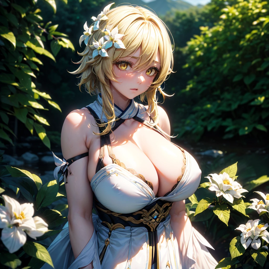 Lumine, genshin impact, (blonde, Short messy hair, white flower hair jewelry, detailed yellow eyes:1.4), (best quality,4k,8k,highres,masterpiece:1.2), ultra-detailed, (realistic,photorealistic,photo-realistic:1.37), illustration, vivid colors, studio lighting,physically-based rendering, cynical lighting effect, sexy pose, potrait, (ultra-detailed eyes:1.4), outdoor, mountain, sky, temple, shy, (upper body, gigantic breasts:1.6)