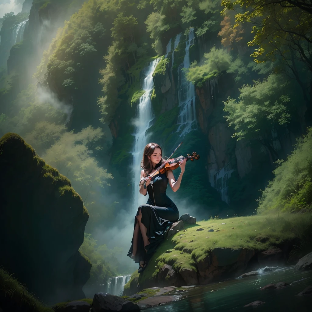 (dramatic illumination, dynamic angle, intense color contrast), (young woman, slim black dress, eyes closed, brown hair gathered over right shoulder, playing the violin, sitting in a wooden chair on a rock, in front of a tall, majestic waterfall, lush green forest, mist, blue sky