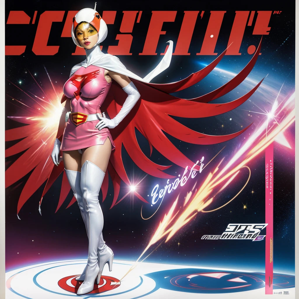 ANI_CLASSIC_jun_gatchaman_ownwaifu,1girl, 15yo,good anatomy, masterpiece, best quality,realistic, hyper realistic, 16k hdr, long hair,breasts,lips,large breasts,lipstick,makeup,gloves,cape,helmet,belt,elbow gloves,white gloves,mask,ultra miniskirt,leotard,spacesuit,white tight overknee highheels boots,pink dress,superhero,bodysuit,cleavage,erected nipples,(stand pose,hands on hip),(spread legs:1.1),cameltoe