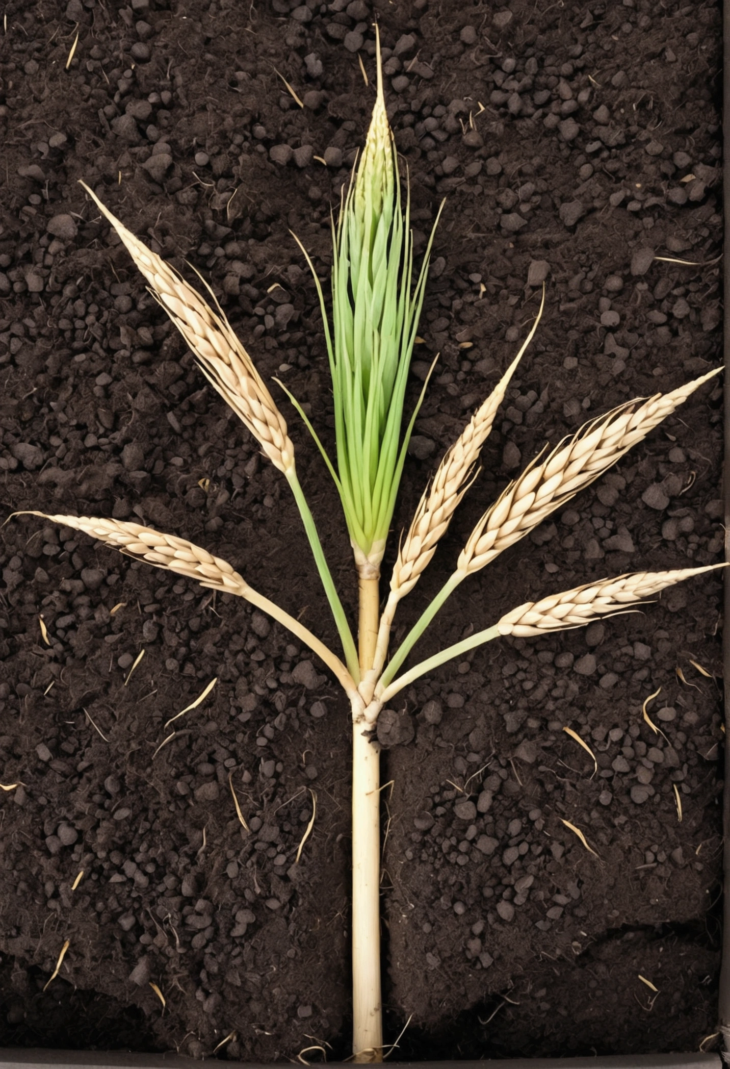 Schematic Diagram of Root Rye: Fibrous system spreading in the soil. three: Erect and segmented. leaves: linear, alternate on the stem. Spike: At the top of the stem, with spikelets. flores: In spikelets inside the spike. grain: elongate, with endosperm, pericarp and embryo.