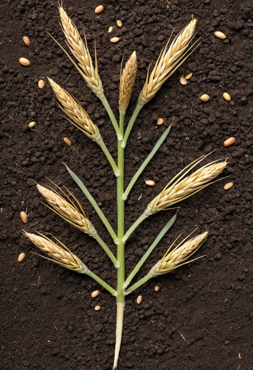 Schematic Diagram of Root Rye: Fibrous system spreading in the soil. three: Erect and segmented. leaves: linear, alternate on the stem. Spike: At the top of the stem, with spikelets. flores: In spikelets inside the spike. grain: elongate, with endosperm, pericarp and embryo.