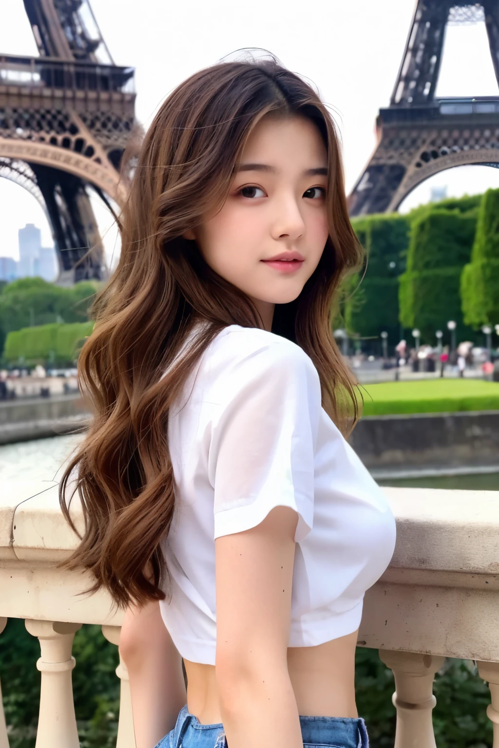 ((best quality)), ((masterpiece)), (detailed), 1girl, crop top white shirt, Girl, 14 years old, beautiful girl, Chinese, Asian, in front of 1 Eiffel Tower, highlights, brown hair, detailed hair, long wavy hair, beautiful