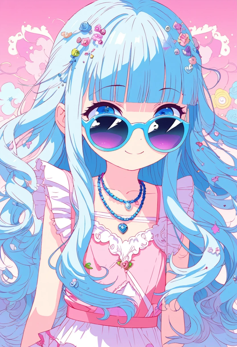 masterpiece, best quality, extremely detailed, (illustration, official art:1.1), 1 girl ,(((( light blue long hair)))), ,(((( light blue long hair)))),light blue hair , , long hair ((blush)) , cute face, big eyes, masterpiece, best quality,(((((a very delicate and beautiful girl))))),Amazing,beautiful detailed eyes,blunt bangs(((( little delicate girl)))),tareme(true beautiful:1.2), sense of depth,dynamic angle,,,, affectionate smile, (true beautiful:1.2),,(tiny 1girl model:1.2),)(flat chest) ,Anime girl wearing sunglasses and a necklace, Anime-style illustrations, Decora style illustrations, Anime atmosphere, Beautiful anime art style, Digital art on pixiv, Anime Graphic Illustration, Colorful illustration, Cute art styleColorful illustration, rossdraws pastel vivid
