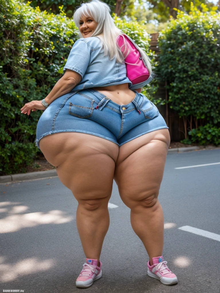 Beautiful seventy year old lady wearing short denim shorts
