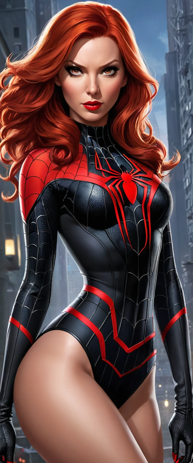 A woman with a perfectly symmetrical face and full red lips,perfecteyes, wearing a seductive costume that combines elements of Black Widow's tight-fitting, sheer red and black deep-cut body suit with the iconic spider-like design of Spider-Man's outfit, on which her nipples stand out more perfectly Body, perfect breasts, , thick waist, enchanting beauty, ((perfect body)), She has Natasha Romanoff's fiery red hair and a black widow symbol on her big breasts, her long legs are decorated with Spidey's web patterns and she is wearing a pair of stilettos , suggesting a playful but dangerous appeal. The overall impression is a sensual mix of two powerful Marvel characters.