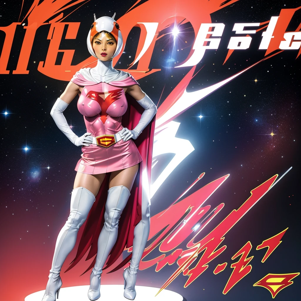 ANI_CLASSIC_jun_gatchaman_ownwaifu,1girl, 15yo,good ???????, masterpiece, best quality,realistic, hyper realistic, 16k hdr, long hair,???????,lips,?????????????,lipstick,makeup,gloves,cape,helmet,belt,elbow gloves,white gloves,mask,ultra miniskirt,leotard,spacesuit,white tight overknee highheels boots,pink dress,superhero,????????,cleavage,erected ???????,(stand pose,hands on hip),(???????????:1.1),????????