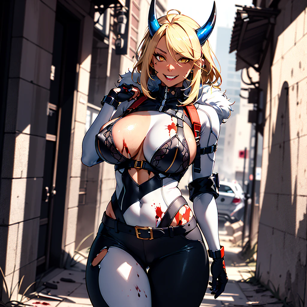 ((best quality)), ((masterpiece)), (detailed), 1girl, 8k_wallpaper, extremely detailed eyes, extremely detailed body, (large masterpiece digital art), ((perfect anatomy huge chest)), (intricate details:1.3 ), (ultra-detailed:1.3), (sharp focus:1.3), (natural lighting:1.05), (vivid colors:1.3), (best quality:1.4), high quality, expressive eyes, full body, tall girl, detailed face, beautiful face, perfect face, ((blonde hair)), (gold eyes), ((large blue horns)), {{dark skin}}, ({dark skinned female}), gigantic breasts, thick thighs, strong arm and leg muscles, strong abdominal muscles, large nipples sticking out from under the fabric with piercings, nipple piercings, belly piercings, a predatory smile with fangs, a lustful smile of a predator with fangs, dressed in a white coat with a fur collar and sleeves rolled up to the elbows, steel metal heavy stormtrooper armor, a walkie-talkie hanging on the belt, earpiece for communication, leather tight pants badly torn in the front and on the ass, covered in blood, abrasions, dirt, walking along a path in the middle of the ruins of the old city where a big war once broke out,