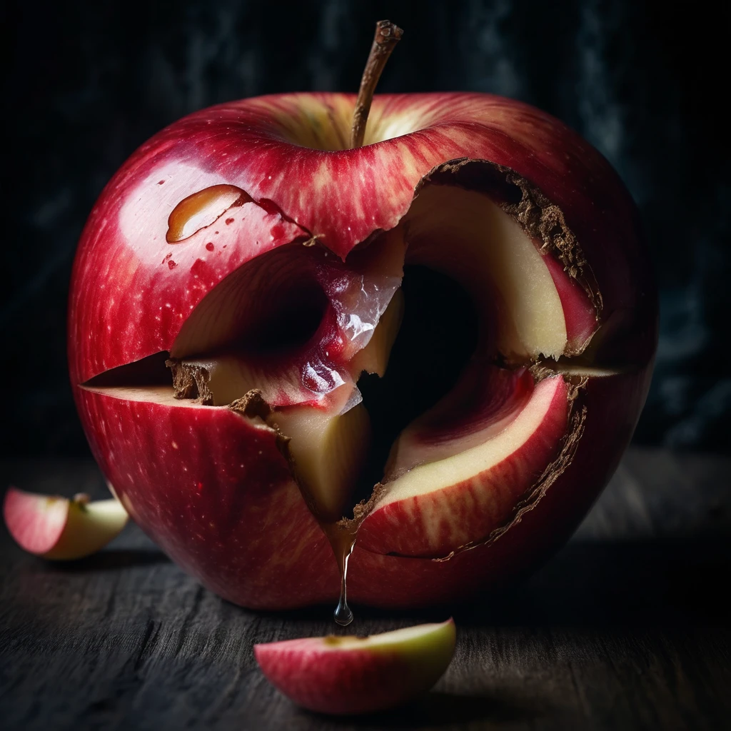 Make a dreamy mysterious horror style image symbolizing an apple eaten from inside, life and death, symbols, no people, no humans