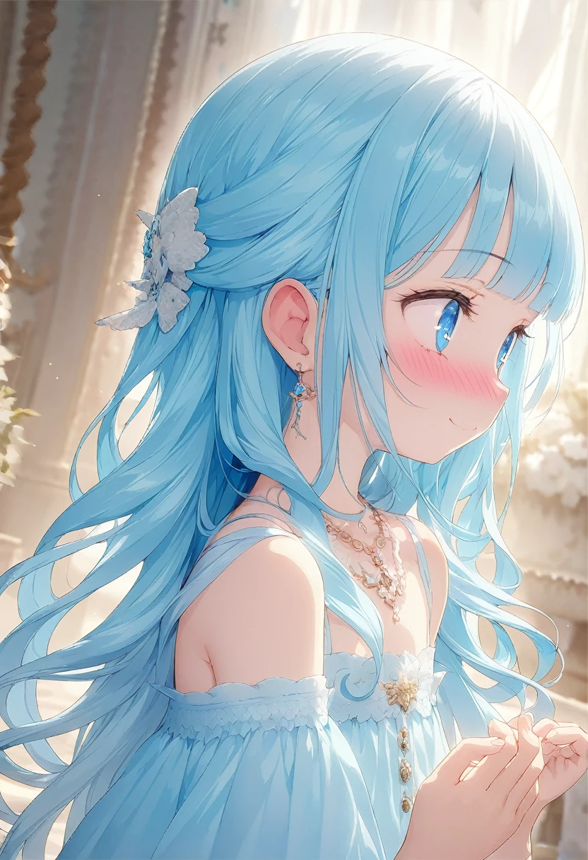 masterpiece, best quality, extremely detailed, (illustration, official art:1.1), 1 girl ,(((( light blue long hair)))), ,(((( light blue long hair)))),light blue hair , profile, long hair ((blush)) , cute face, big eyes, masterpiece, best quality,(((((a very delicate and beautiful girl))))),Amazing,beautiful detailed eyes,blunt bangs(((( little delicate girl)))),tareme(true beautiful:1.2), sense of depth,dynamic angle,,,, affectionate smile, (true beautiful:1.2),,(tiny 1girl model:1.2),)(flat chest) ,Anime girl wearing sunglasses and a necklace, Anime-style illustrations, Decora style illustrations, Anime atmosphere, Beautiful anime art style, Digital art on pixiv, Anime Graphic Illustration, Colorful illustration, Cute art styleColorful illustration, rossdraws pastel vivid