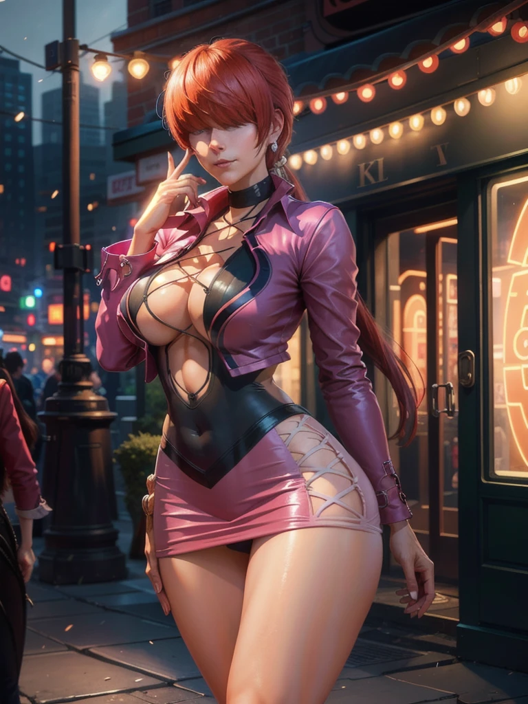 (at night), in a video game scene, a background of a beautiful city, standing at attention, pink suit, pink jacket, choker, neckline, cut of clothing, earrings, she has long bangs in her hair that cover her eyes ( (hair over eyes)), 1 girl, 20 years old, young woman, beautiful fingers, beautiful long legs, beautiful body, beautiful nose, beautiful character design, perfect face, looking at viewer with serious gesture, is on a call phone with her cell phone in hand (focusing on her face), closed mouth, Light_Smile, official art, extremely detailed CG unity 8k wallpaper, perfect lighting, bright and colorful front lighting, glowing skin (masterpiece: 1.0), (best_quality : 1.0), ultra high resolution, 4K, ultra detailed photography, 8K, HDR, high resolution, absurd:1.2, Kodak portra 400, film grain, blurred background, bokeh:1.2, lens flare, (vibrant_color:1.2), professional photography, (Beautiful, breasts: 1.4), (beautiful_face: 1.5), (narrow waist),
