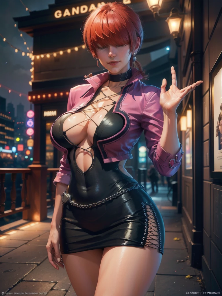 (at night), in a video game scene, a background of a beautiful city, standing at attention, pink suit, pink jacket, choker, neckline, cut of clothing, earrings, she has long bangs in her hair that cover her eyes ( (hair over eyes)), 1 girl, 20 years old, young woman, beautiful fingers, beautiful long legs, beautiful body, beautiful nose, beautiful character design, perfect face, looking at viewer with serious gesture, is on a call phone with her cell phone in hand (focusing on her face), closed mouth, Light_Smile, official art, extremely detailed CG unity 8k wallpaper, perfect lighting, bright and colorful front lighting, glowing skin (masterpiece: 1.0), (best_quality : 1.0), ultra high resolution, 4K, ultra detailed photography, 8K, HDR, high resolution, absurd:1.2, Kodak portra 400, film grain, blurred background, bokeh:1.2, lens flare, (vibrant_color:1.2), professional photography, (Beautiful, breasts: 1.4), (beautiful_face: 1.5), (narrow waist),
