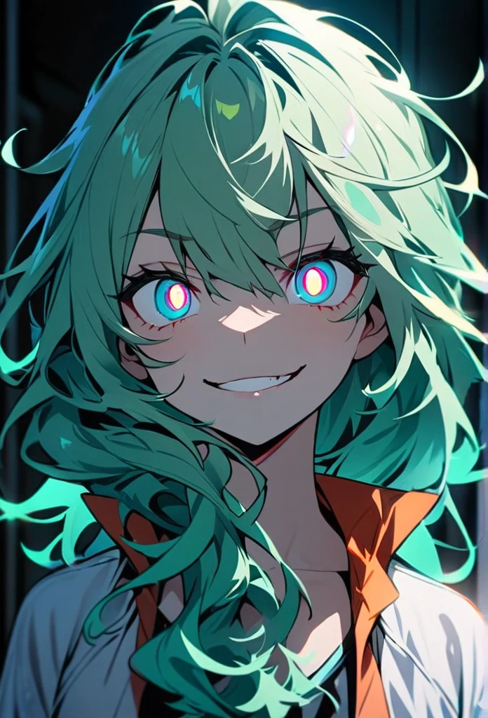 Handsome, solo, 1 girl, light green hair, cyan blue eyes, 1 girl, beautiful, long hair, detailed, Messy Hair, Hair Over Shoulder, Glowing Light, Bright Pupils, Smirk, Wide-Eyed, Evil Smile, Amber Eyes,