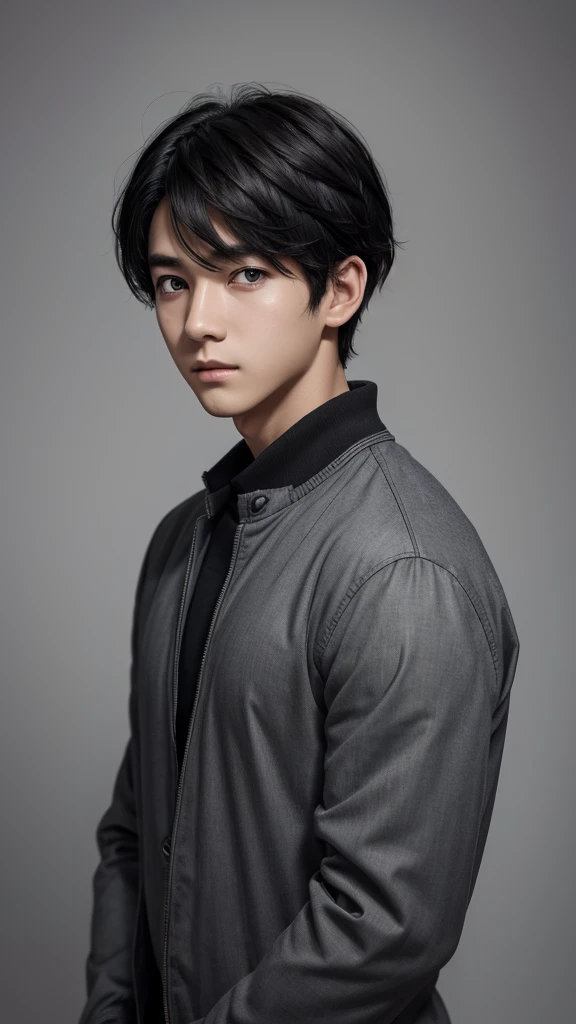 1boy, black hair, short hair, grey eyes, detailed eyes,solo focus, simple background, male focus, solo, standing, sung jinwoo, portrait,, (masterpiece:1.0), (best quality:1.0), (8k wallpaper:1.0), (beautiful detailed face:1.0), (detailed deep eyes), deep eyes,looking at viewer,