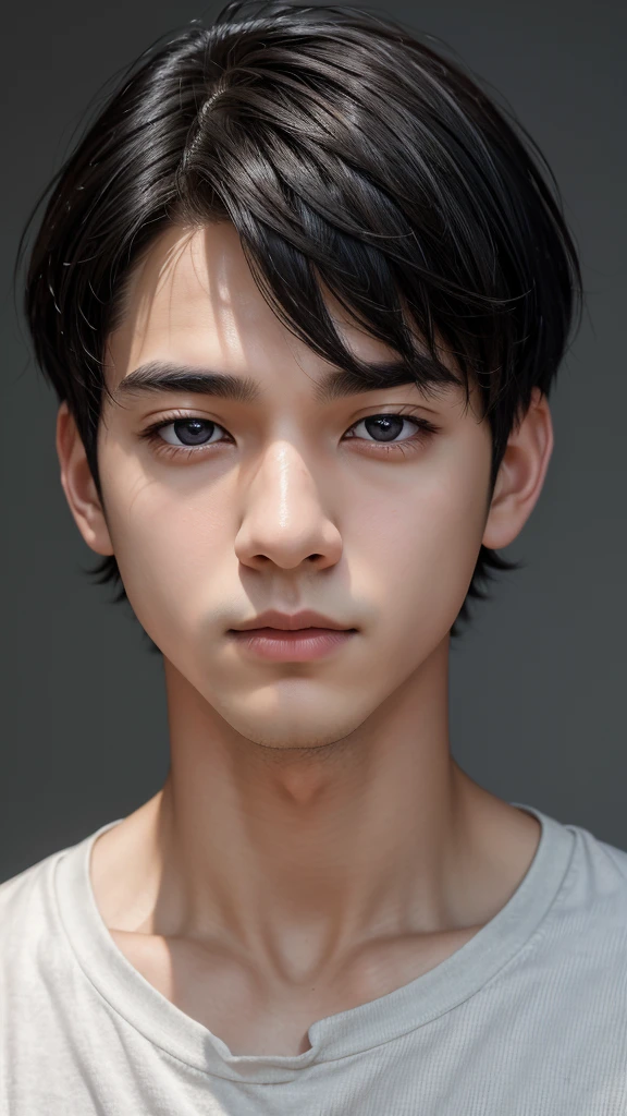 1boy, black hair, short hair, grey eyes, detailed eyes,solo focus, simple background, male focus, solo, standing, sung jinwoo, portrait,, (masterpiece:1.0), (best quality:1.0), (8k wallpaper:1.0), (beautiful detailed face:1.0), (detailed deep eyes), deep eyes,looking at viewer,